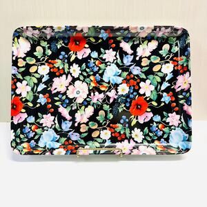 Vintage Pillivuyt France Porcelain Chintz Tray Black Flowers Fruit Rectangular